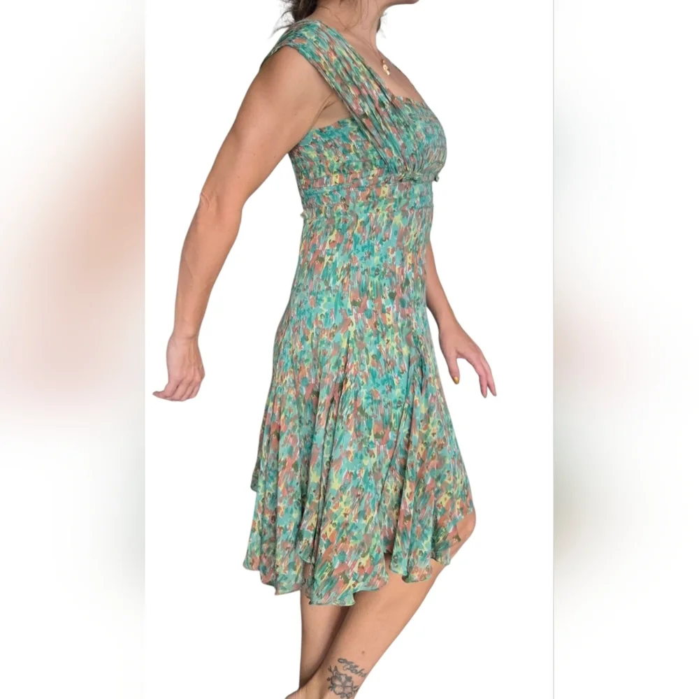 Watercolor Floral Smocked Asymmetrical Dress XS Green Boho Cottagecore Fairycore